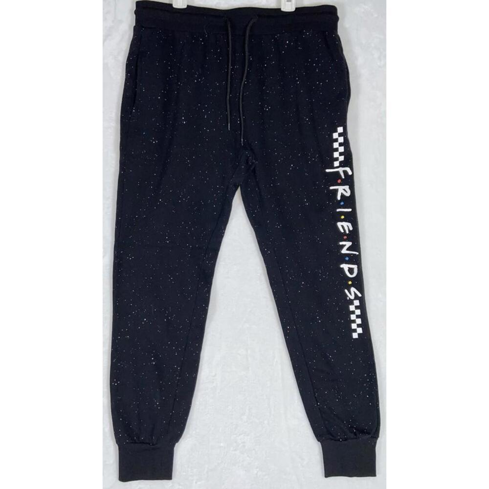 FRIENDS Men Activewear Pants L Black Polka Dot Jogger Paint Splatter Logo